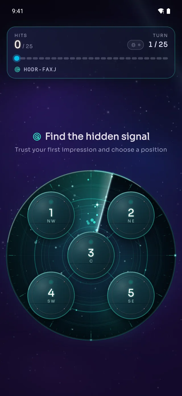 The Dowsing sonar field with five numbered positions arranged over a sweeping radar.