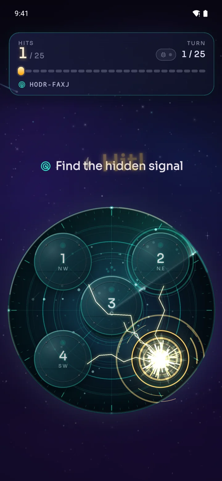 Dowsing: a hit reveals the hidden target with a burst of gold lightning across the sonar field.