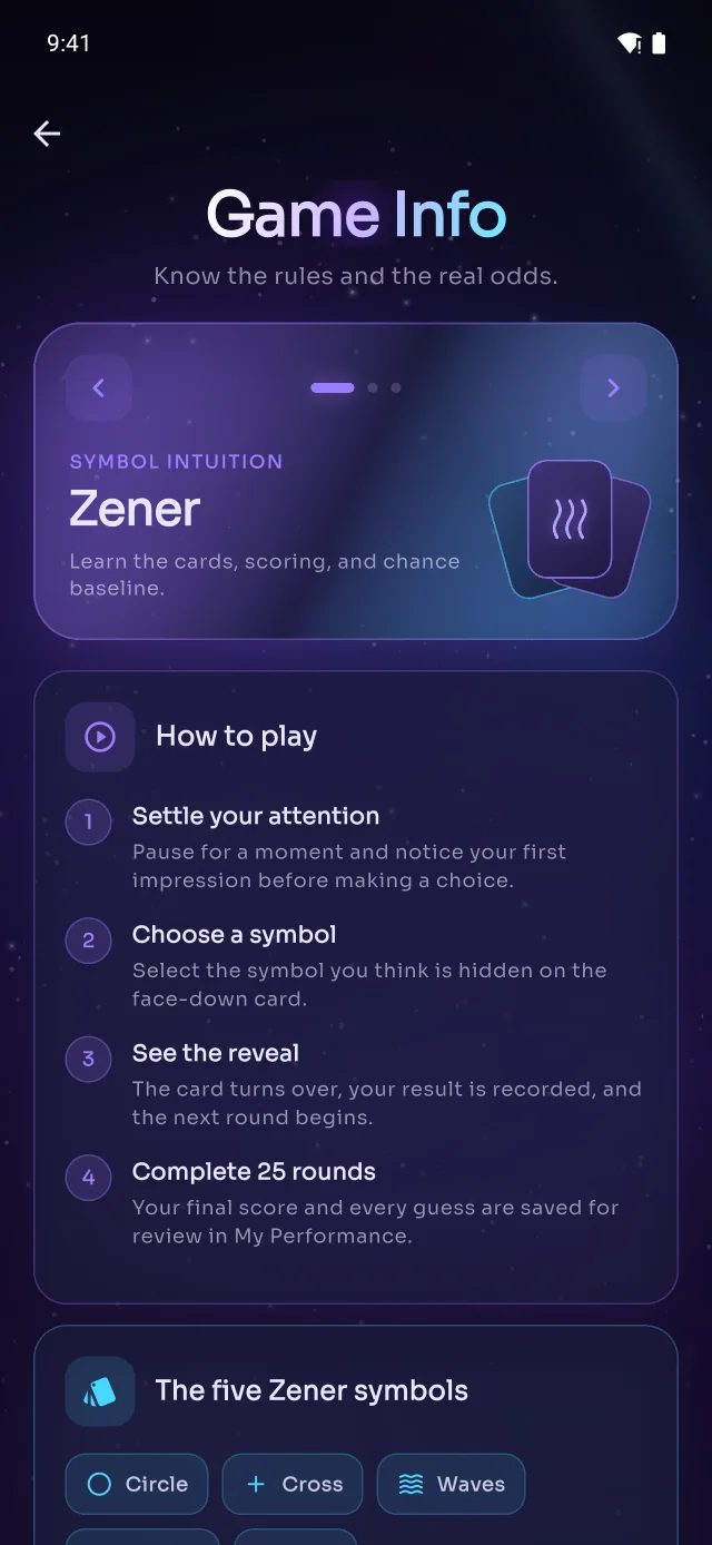 Game Info screen explaining rules and odds.