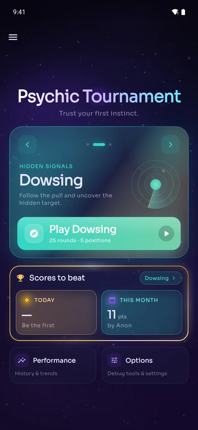 Main menu with Dowsing selected.
