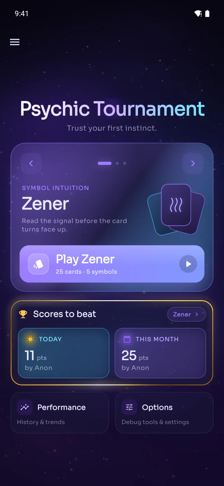 Psychic Tournament main menu with the Zener game mode selected and today's scores to beat.