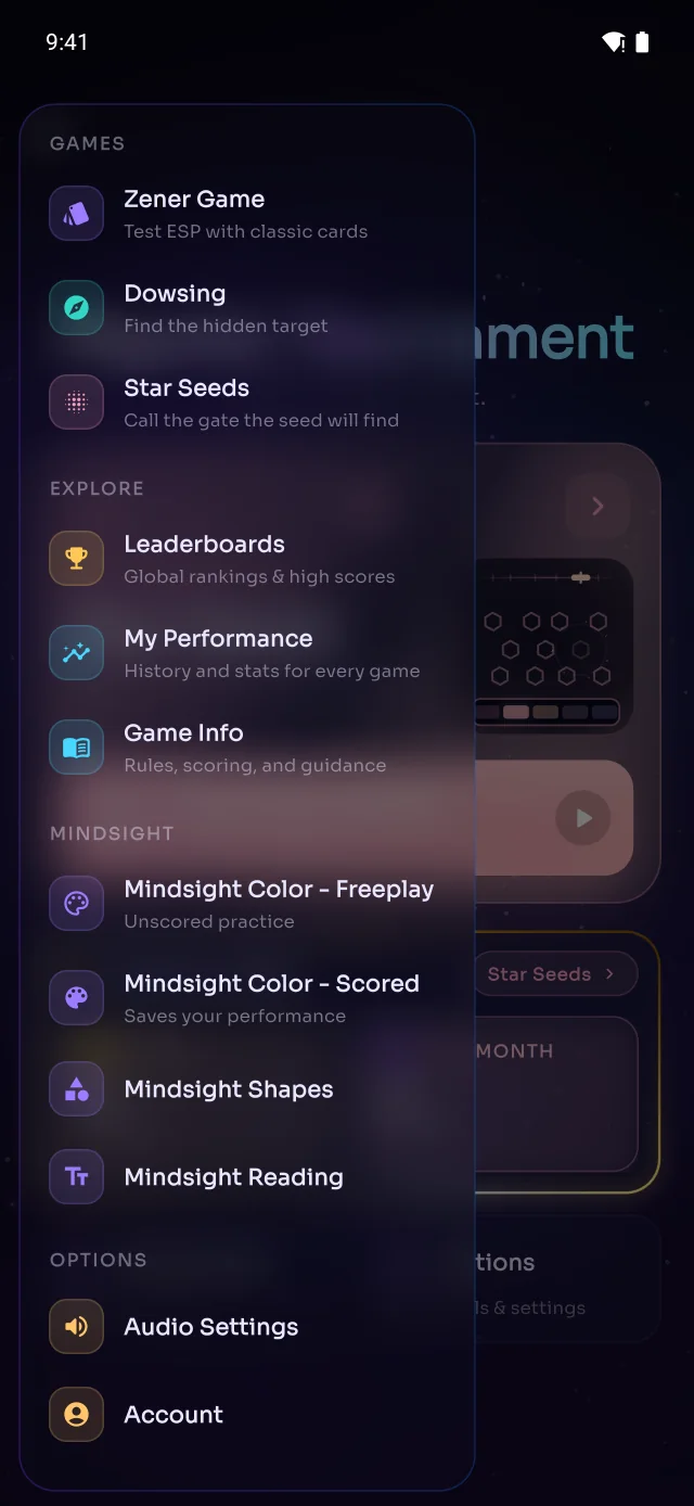 The navigation drawer listing games, explore, MindSight and options.