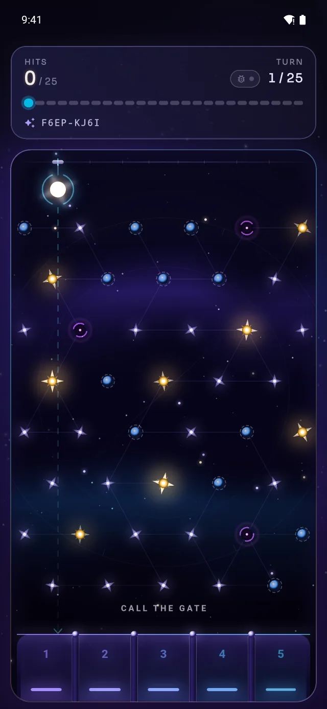 The Star Seeds board: a field of gold and blue stars above five numbered gates.