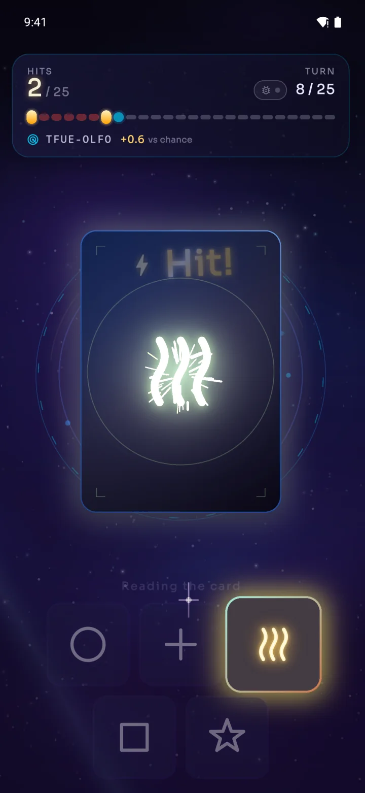 The Zener board showing a hit: the waves card revealed in glowing white with a gold Hit! banner.
